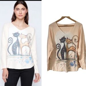 Via Vitale Dolman sleeve two cats print top orange beige size Large